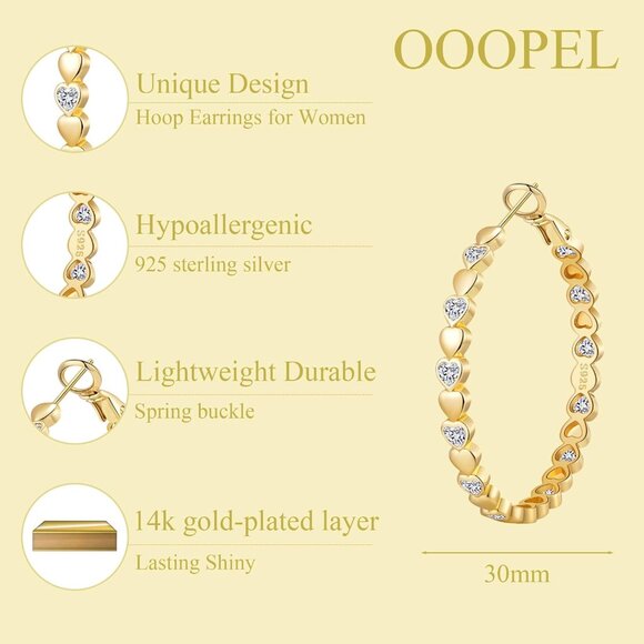 14k Gold Plated 30mm Heart Cubic Zirconia Rhinestone Hoop Earring for Women - Picture 2 of 7